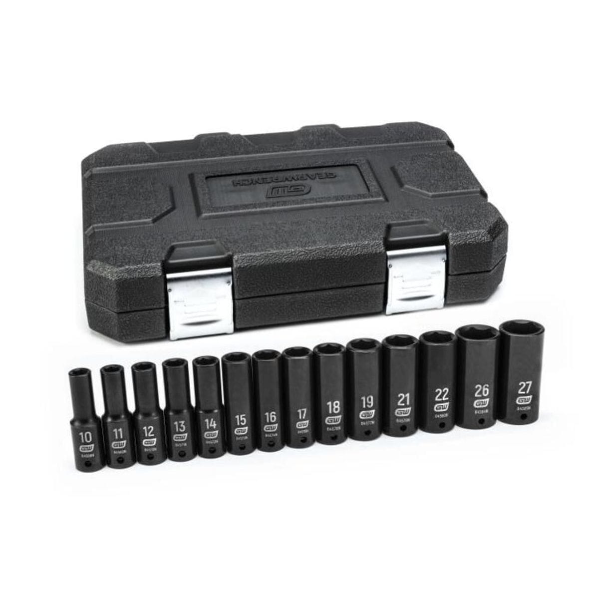 A professional GEARWRENCH 14-piece 1/2-inch drive metric impact socket set featuring high-visibility laser-etched markings on deep 6-point sockets, displayed alongside a heavy-duty black blow mold storage case with secure metal latches.
