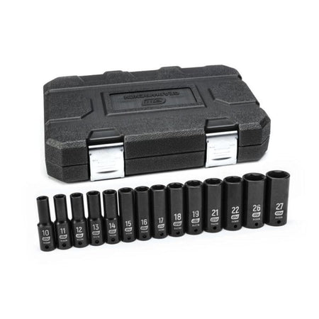 A professional GEARWRENCH 14-piece 1/2-inch drive metric impact socket set featuring high-visibility laser-etched markings on deep 6-point sockets, displayed alongside a heavy-duty black blow mold storage case with secure metal latches.