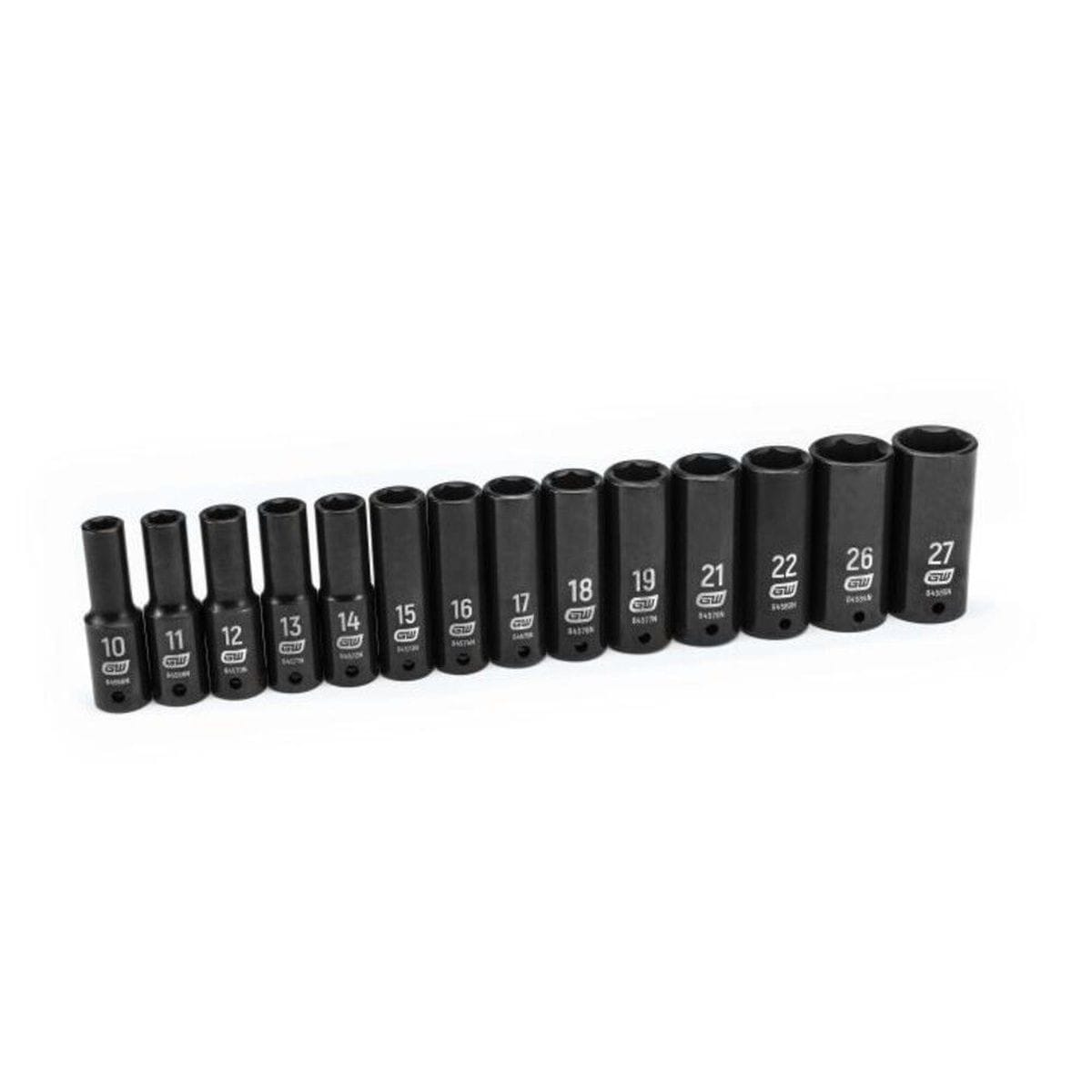 A row of GEARWRENCH 84955N deep metric impact sockets ranging from 10mm to 27mm, showcasing the durable black phosphate finish and Chrome Molybdenum steel construction designed for high-torque industrial and automotive applications.