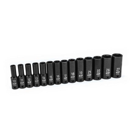 A row of GEARWRENCH 84955N deep metric impact sockets ranging from 10mm to 27mm, showcasing the durable black phosphate finish and Chrome Molybdenum steel construction designed for high-torque industrial and automotive applications.