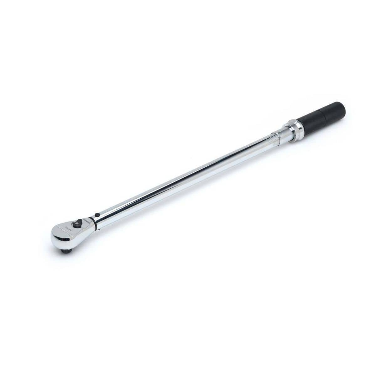 A full-profile view of the GEARWRENCH 85066M 1/2 inch drive micrometer torque wrench showcasing the polished alloy steel shaft, teardrop ratchet head, and knurled aluminum non-slip handle.