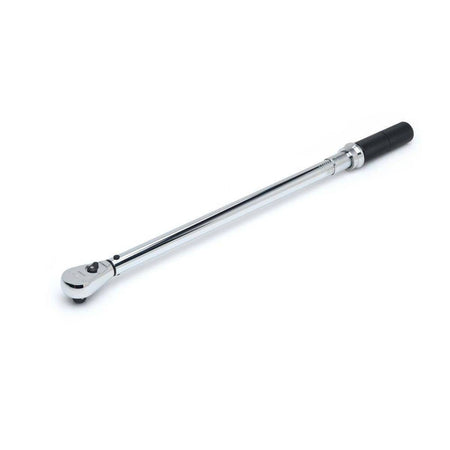 A full-profile view of the GEARWRENCH 85066M 1/2 inch drive micrometer torque wrench showcasing the polished alloy steel shaft, teardrop ratchet head, and knurled aluminum non-slip handle.