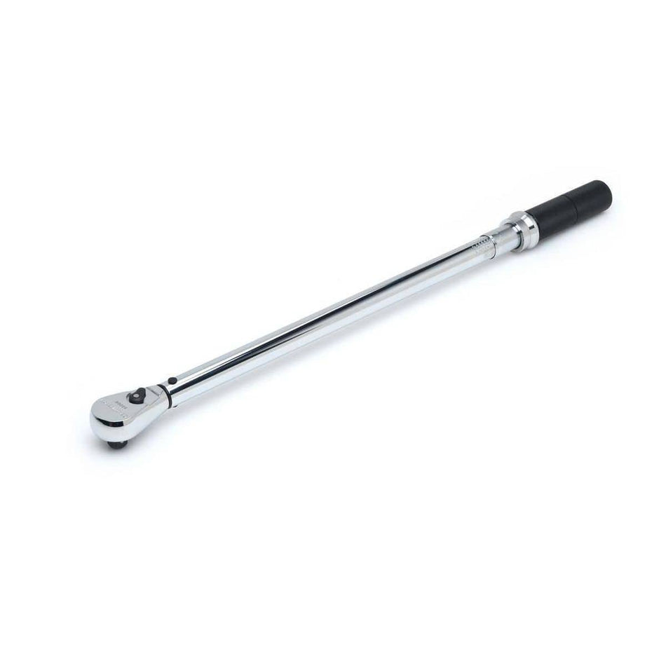 A full-profile view of the GEARWRENCH 85066M 1/2 inch drive micrometer torque wrench showcasing the polished alloy steel shaft, teardrop ratchet head, and knurled aluminum non-slip handle.