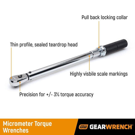 An infographic of the GEARWRENCH micrometer torque wrench highlighting its key features: thin profile sealed teardrop head, pull-back locking collar, highly visible scale markings, and precision certified for +/- 3% torque accuracy.