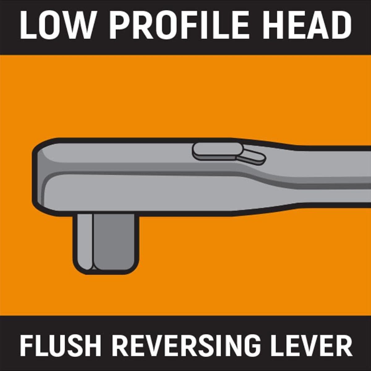 A technical illustration highlighting the low-profile head and flush-mounted reversing lever, designed to improve access in cramped engine bays while preventing accidental setting changes.