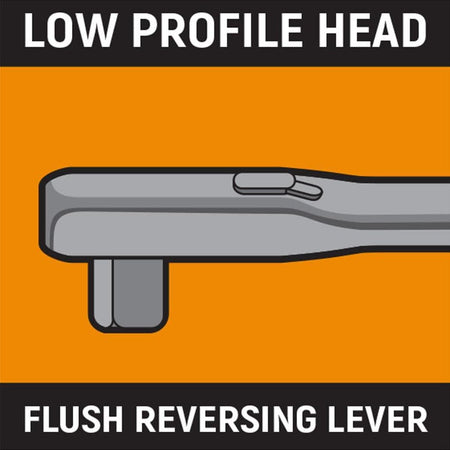 A technical illustration highlighting the low-profile head and flush-mounted reversing lever, designed to improve access in cramped engine bays while preventing accidental setting changes.