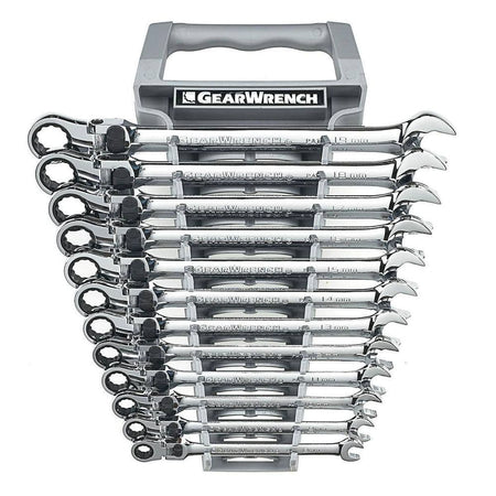 A comprehensive set of GEARWRENCH 85698 XL locking flex head metric ratcheting wrenches, 8mm to 19mm, organized in a grey storage rack with a carrying handle.