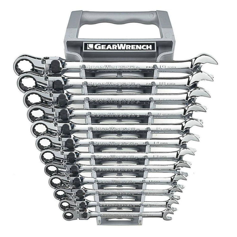 A comprehensive set of GEARWRENCH 85698 XL locking flex head metric ratcheting wrenches, 8mm to 19mm, organized in a grey storage rack with a carrying handle.