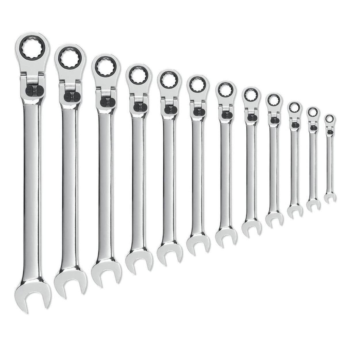 The full 12-piece set of GEARWRENCH long reach metric ratcheting wrenches arranged by size to demonstrate the extra-long beam length and flexible head design.