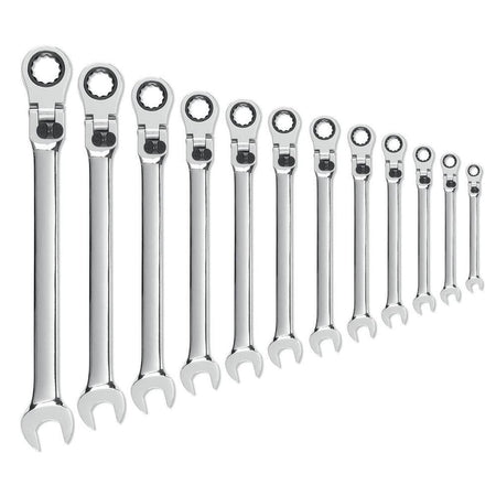 The full 12-piece set of GEARWRENCH long reach metric ratcheting wrenches arranged by size to demonstrate the extra-long beam length and flexible head design.