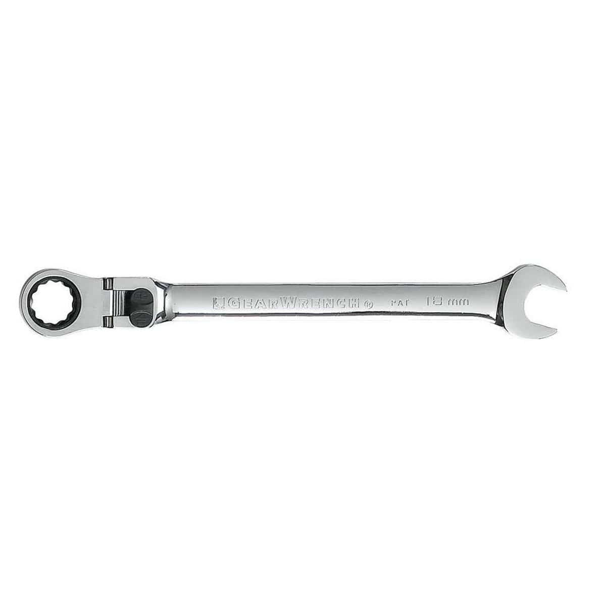 A single 18mm XL GEARWRENCH locking flex head ratcheting wrench showcasing the high-polish chrome finish and the 12-point box end.