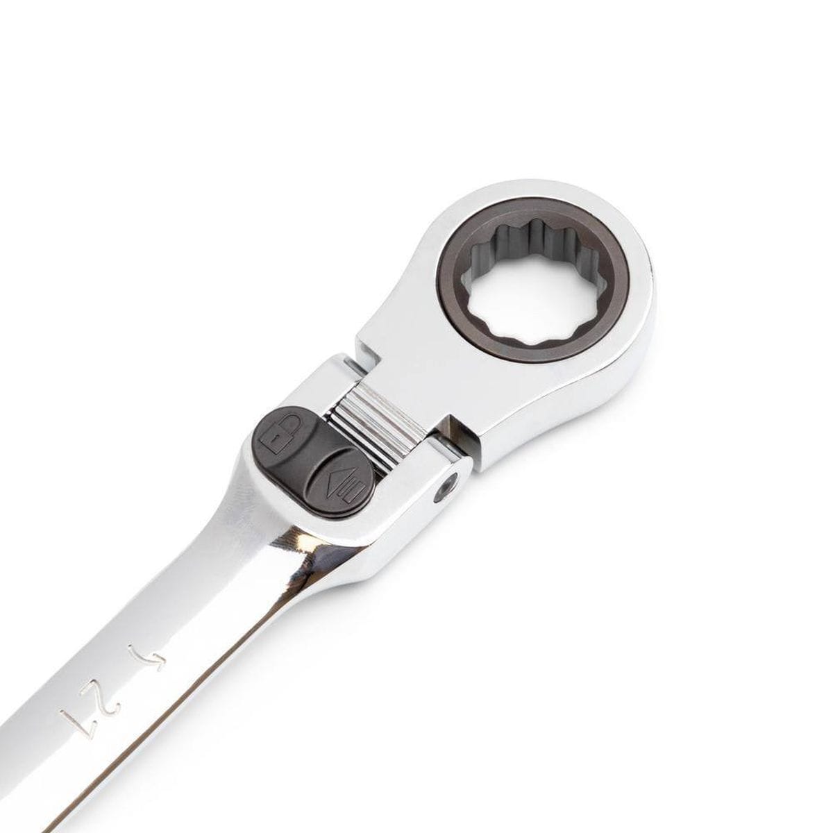 Detail shot of the locking mechanism on the GEARWRENCH flex head wrench, highlighting the durable alloy steel construction and ergonomic design.