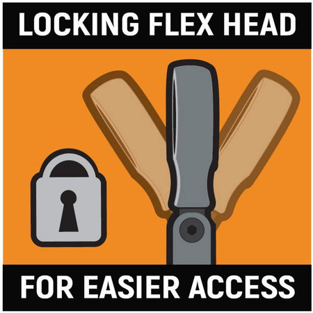 An infographic demonstrating the locking flex head feature, which allows the wrench head to be tilted and secured for easier access to obstructed fasteners.