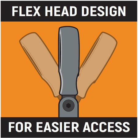 An informational graphic showcasing the flex head design, illustrating the wide range of motion available to reach bolts at various angles.