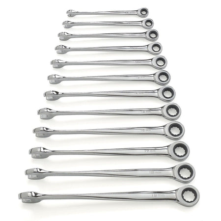 A comprehensive overhead shot of the GEARWRENCH 85888 12-piece XL X-Beam metric ratcheting wrench set, showing all wrenches from 8mm to 19mm arranged vertically to showcase the extra-long beam design, 12-point ratcheting box ends, and high-polish chrome finish.