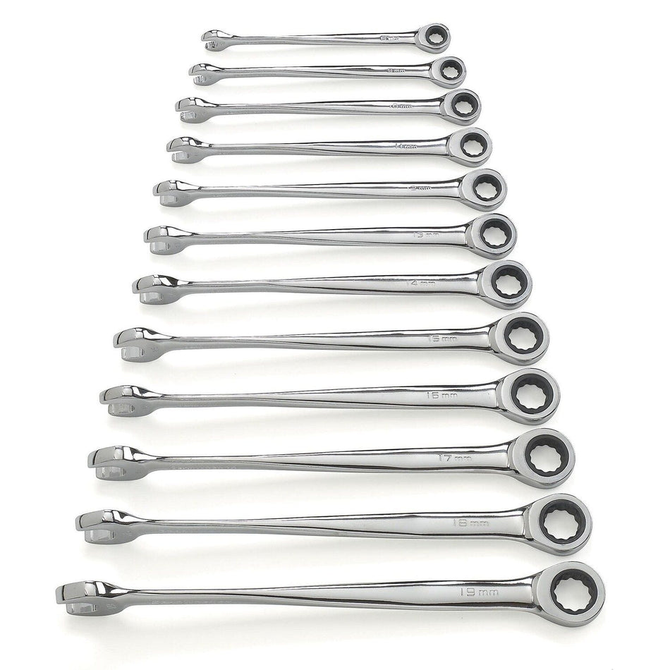 A comprehensive overhead shot of the GEARWRENCH 85888 12-piece XL X-Beam metric ratcheting wrench set, showing all wrenches from 8mm to 19mm arranged vertically to showcase the extra-long beam design, 12-point ratcheting box ends, and high-polish chrome finish.