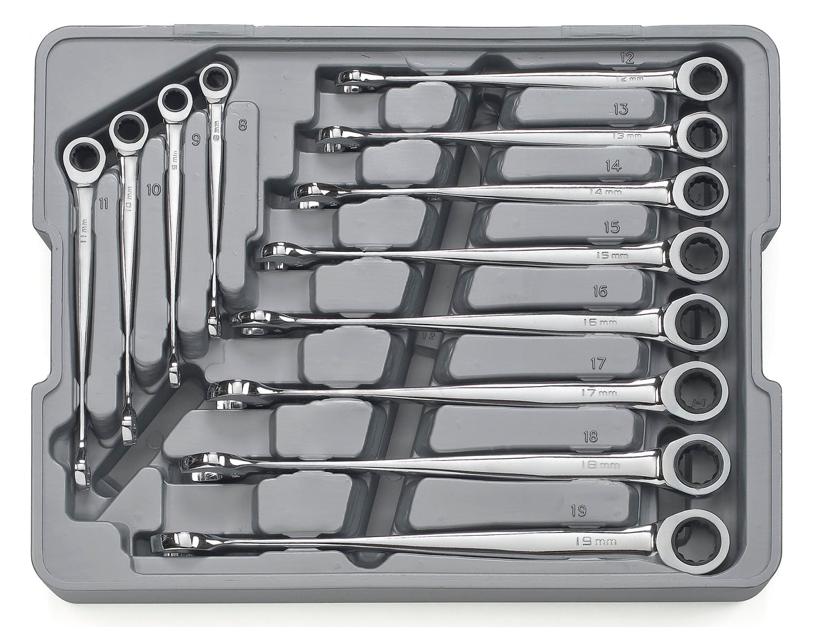 A full 12-piece GEARWRENCH XL X-Beam metric ratcheting wrench set neatly organized in a grey storage tray, showcasing the complete range of sizes from 8mm to 19mm.