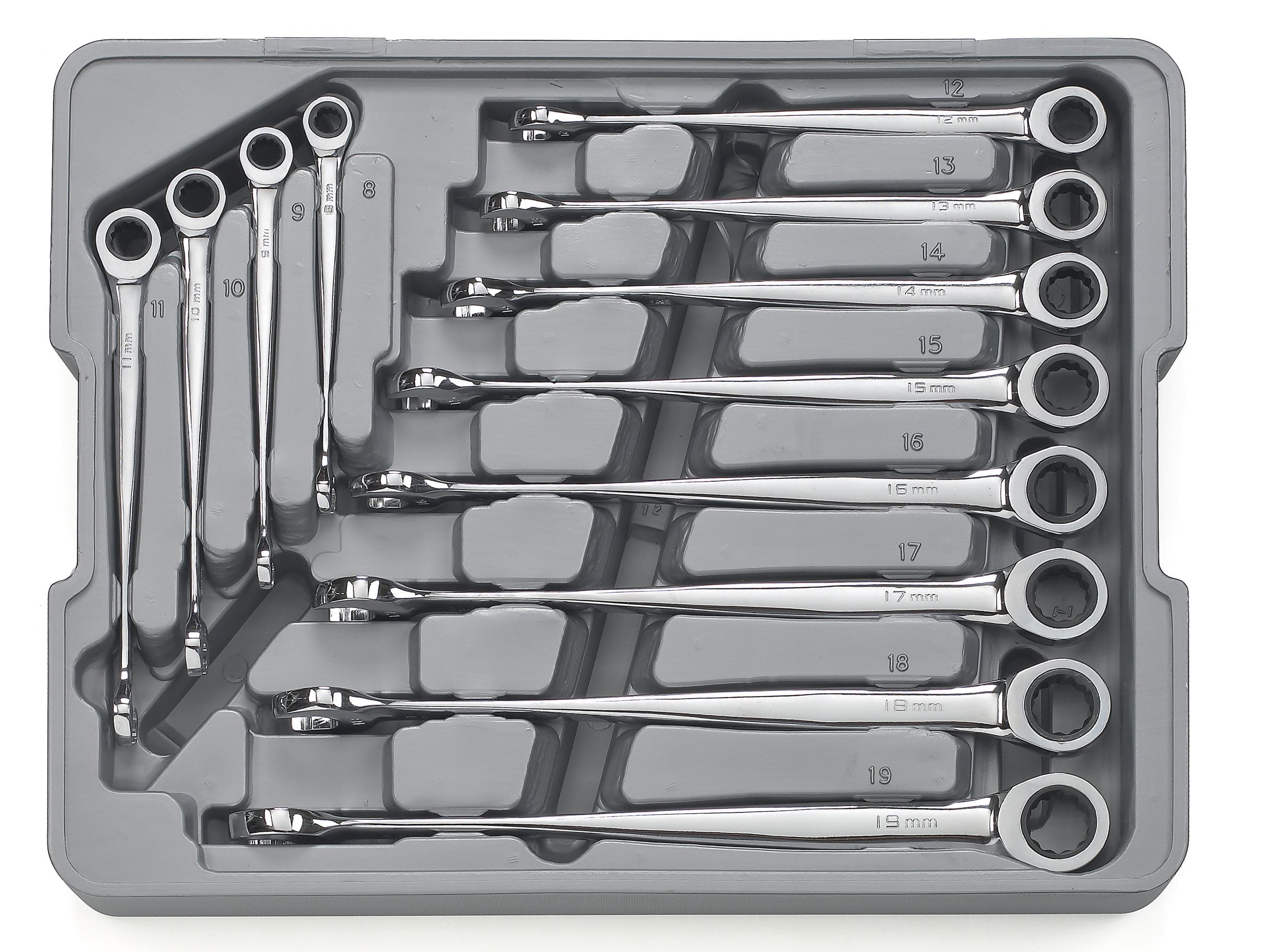 A full 12-piece GEARWRENCH XL X-Beam metric ratcheting wrench set neatly organized in a grey storage tray, showcasing the complete range of sizes from 8mm to 19mm.
