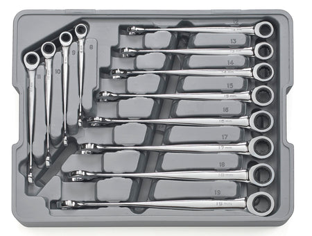 A full 12-piece GEARWRENCH XL X-Beam metric ratcheting wrench set neatly organized in a grey storage tray, showcasing the complete range of sizes from 8mm to 19mm.