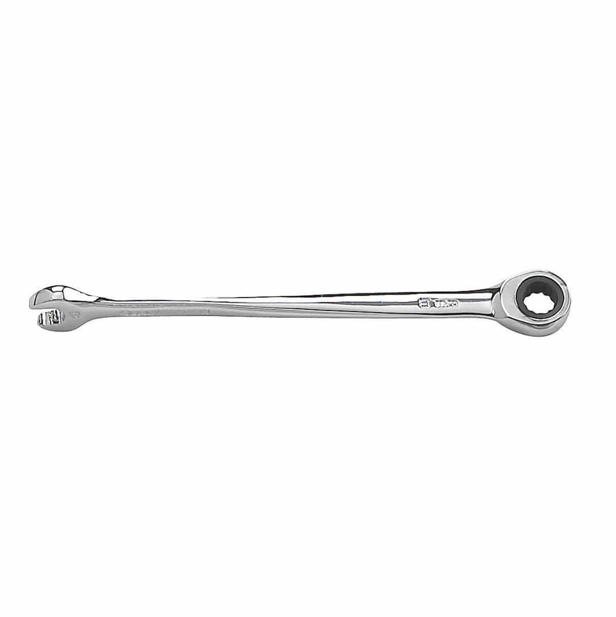Side profile view of a single XL X-Beam combination wrench highlighting the high-polish chrome finish and the slim, extra-long beam designed for superior reach and leverage.
