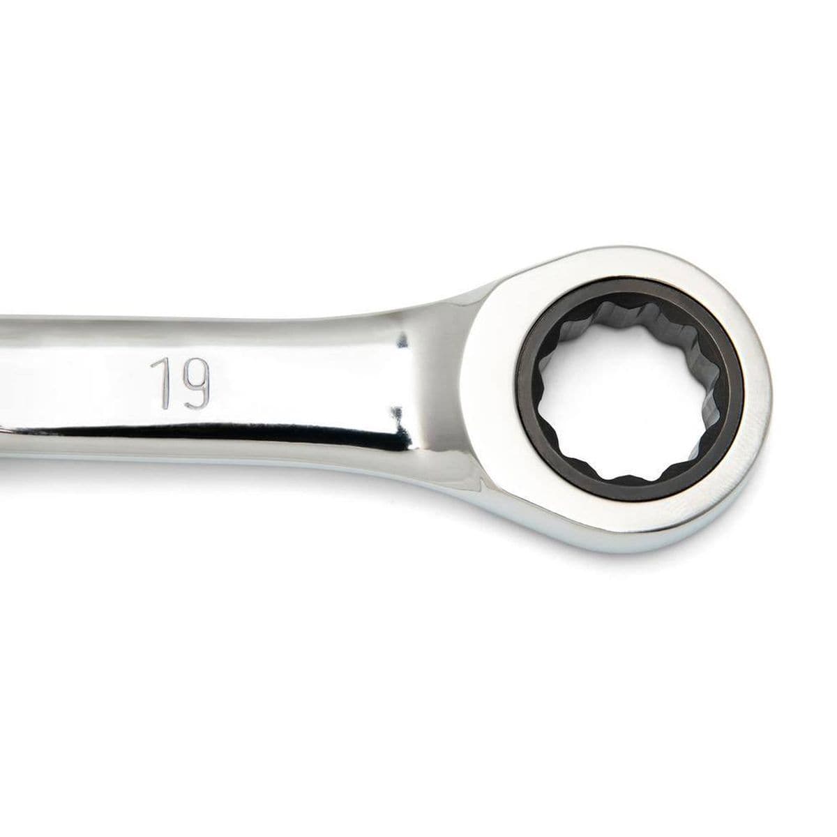 Close-up of the 12-point 72-tooth ratcheting box end on the 19mm wrench, showcasing the precision-stamped size marking and professional-grade finish.