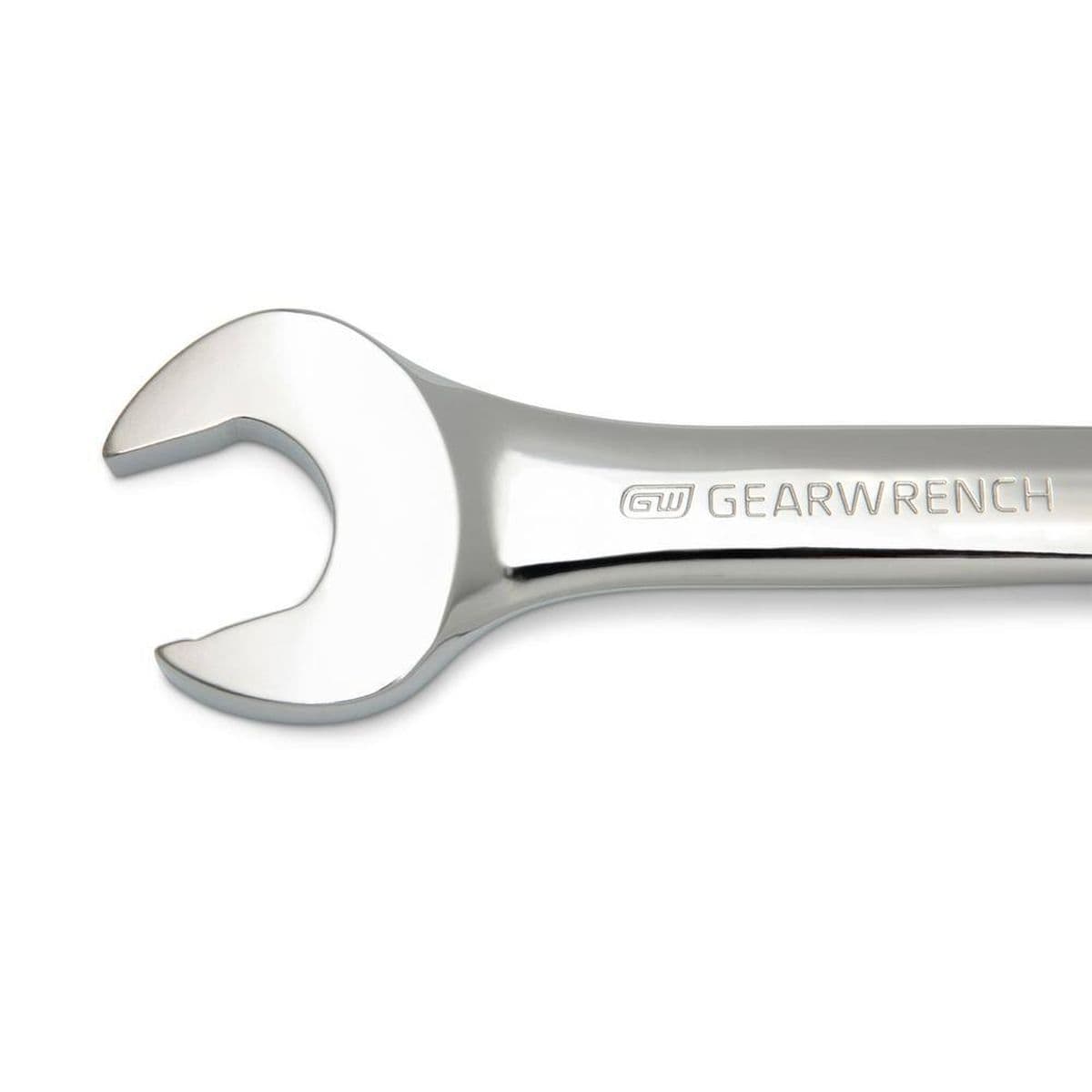 Detailed view of the open end of a GEARWRENCH combination wrench, showing the etched GEARWRENCH brand name and the smooth, polished alloy steel construction.