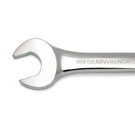 Detailed view of the open end of a GEARWRENCH combination wrench, showing the etched GEARWRENCH brand name and the smooth, polished alloy steel construction.