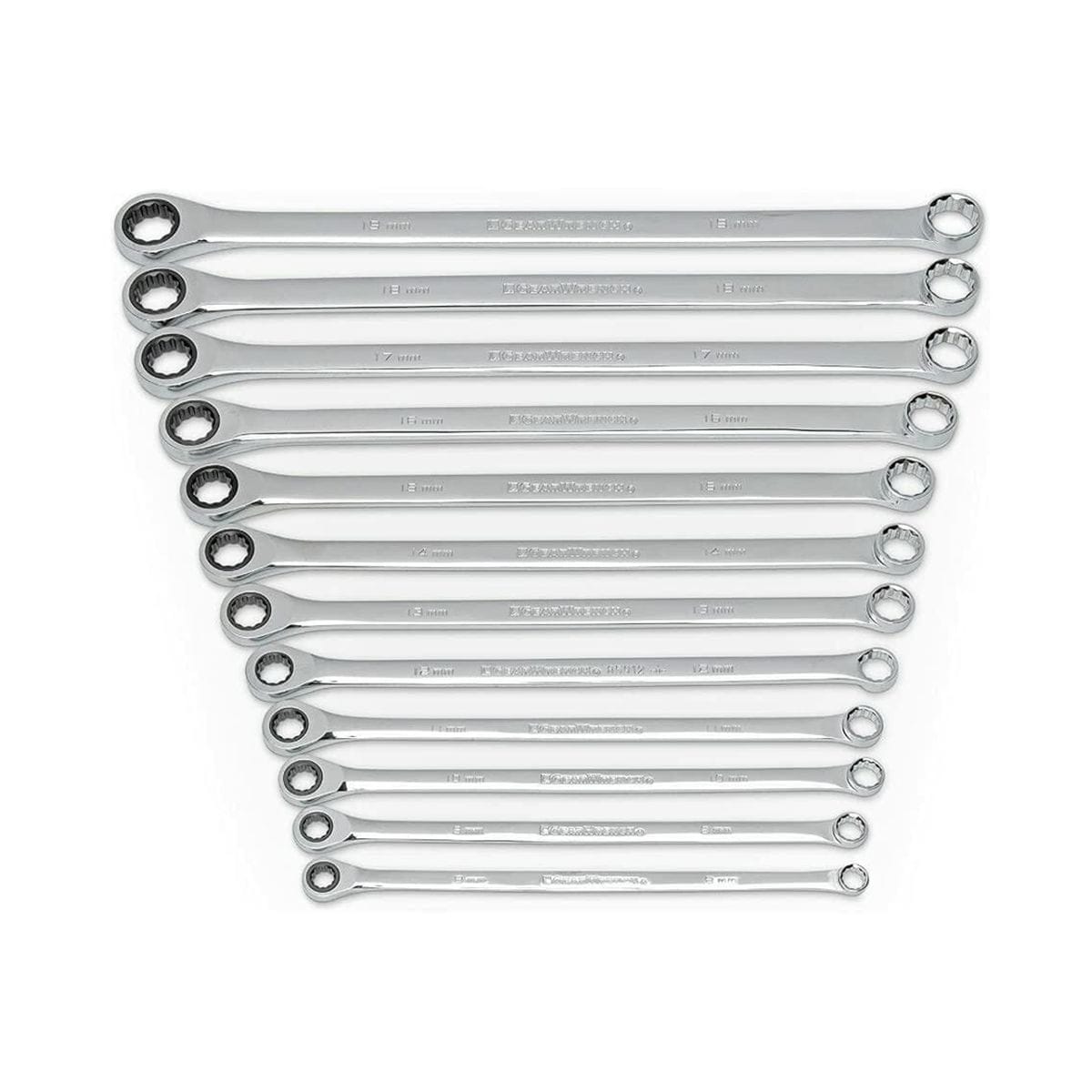 Set of 14 combination wrenches arranged by size from 6mm to 19mm. Each wrench includes an open-end and box-end, made of polished chrome for mechanical and automotive use.