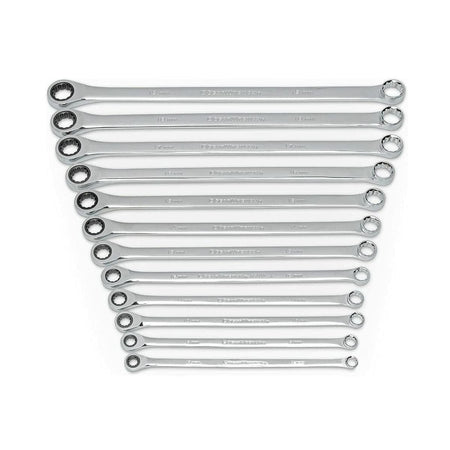 Set of 14 combination wrenches arranged by size from 6mm to 19mm. Each wrench includes an open-end and box-end, made of polished chrome for mechanical and automotive use.