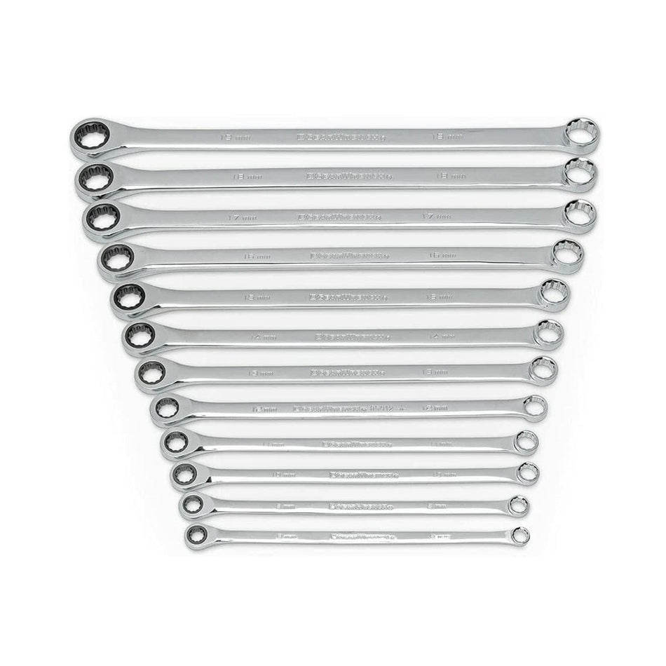 Set of 14 combination wrenches arranged by size from 6mm to 19mm. Each wrench includes an open-end and box-end, made of polished chrome for mechanical and automotive use.