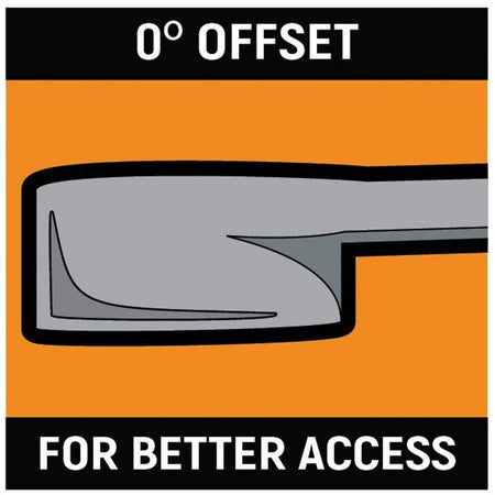 Graphic illustration demonstrating the 0 degree offset feature of the GEARWRENCH XL GearBox ratcheting wrench, which provides a flat profile for better access to fasteners in recessed or restricted spaces.