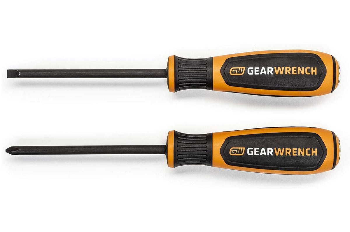 A top-down view of the GEARWRENCH 86090 2-piece Bolt Biter extraction screwdriver set featuring one Phillips #2 and one 1/4 inch slotted driver with ergonomic tri-lobe handles.