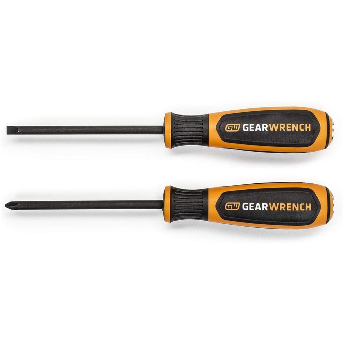 A top-down view of the GEARWRENCH 86090 2-piece Bolt Biter extraction screwdriver set featuring one Phillips #2 and one 1/4 inch slotted driver with ergonomic tri-lobe handles.