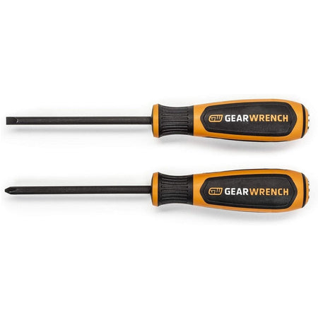 A top-down view of the GEARWRENCH 86090 2-piece Bolt Biter extraction screwdriver set featuring one Phillips #2 and one 1/4 inch slotted driver with ergonomic tri-lobe handles.