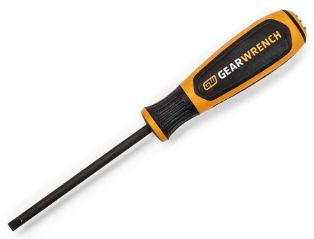 Perspective view of the GEARWRENCH 1/4 inch slotted Bolt Biter extraction screwdriver illustrating the oil and solvent-resistant dual-material handle and non-slip black oxide tip.