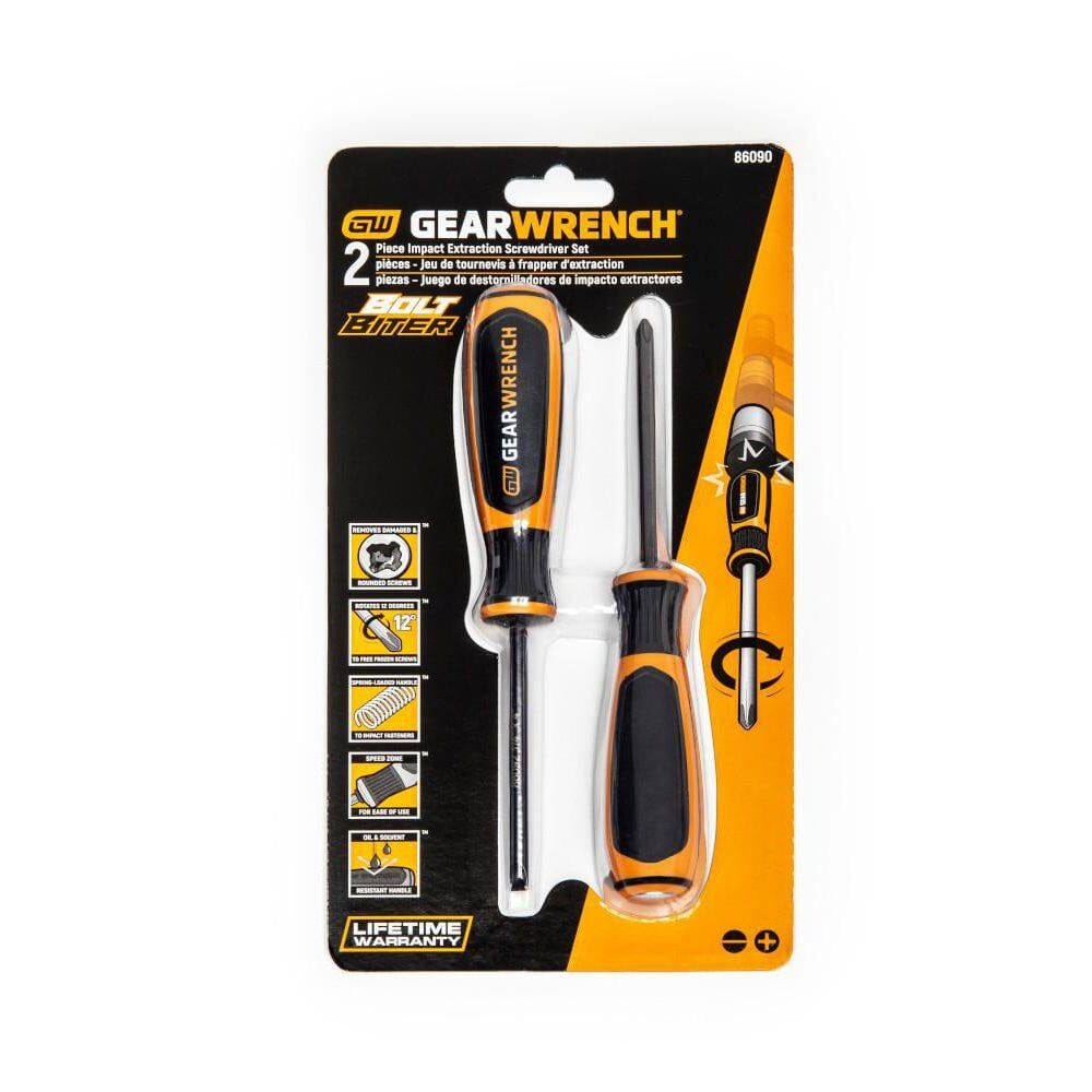 The GEARWRENCH 86090 2-piece extraction screwdriver set in its original retail carded packaging highlighting the lifetime warranty and frozen screw removal capabilities.