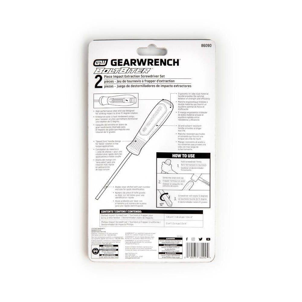 The back of the GEARWRENCH 86090 retail packaging providing detailed instructions on how to use the impact striking end cap to rotate the screwdriver 12 degrees.