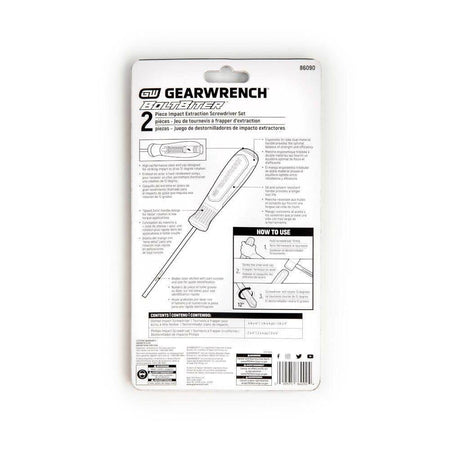 The back of the GEARWRENCH 86090 retail packaging providing detailed instructions on how to use the impact striking end cap to rotate the screwdriver 12 degrees.