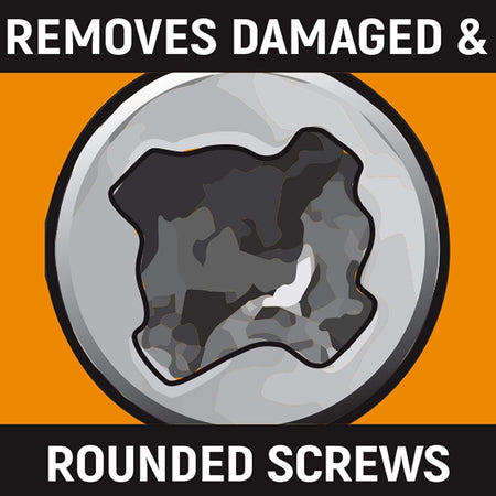 An illustrative graphic showing a severely damaged and rounded screw head being engaged by a Bolt Biter extraction tool to demonstrate effective fastener removal.