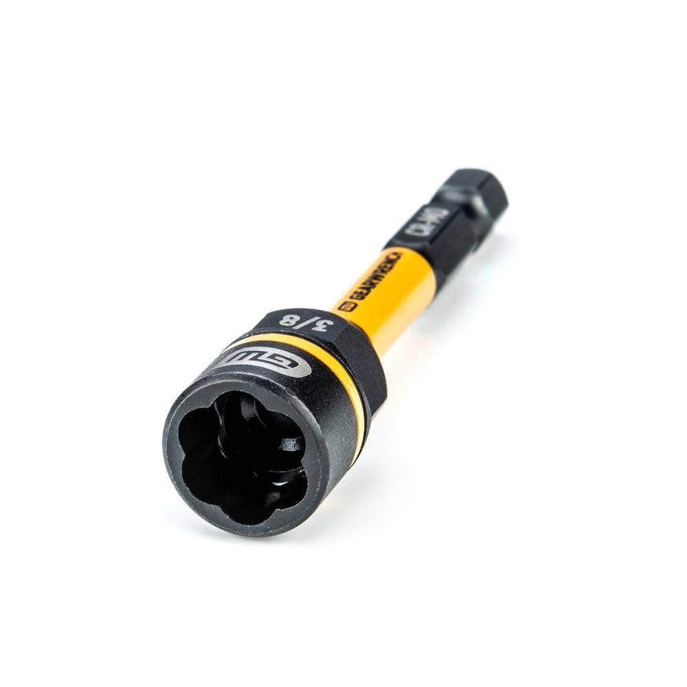 A studio product view of the GEARWRENCH 86179 Bolt Biter 3/8-inch nut extractor and driver. The image shows the high-torque socket head with internal gripping flutes, a yellow and black shank with the GEARWRENCH logo, and a 1/4-inch hex base for impact driver compatibility.