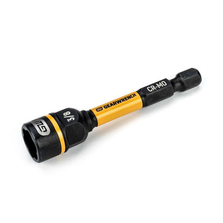 A side profile of the Bolt Biter extraction tool showcasing the Chrome Molybdenum (Cr-Mo) construction. The black oxide finish on the 3/8-inch socket head is highlighted alongside the laser-etched size markings and the specialized torsion zone.