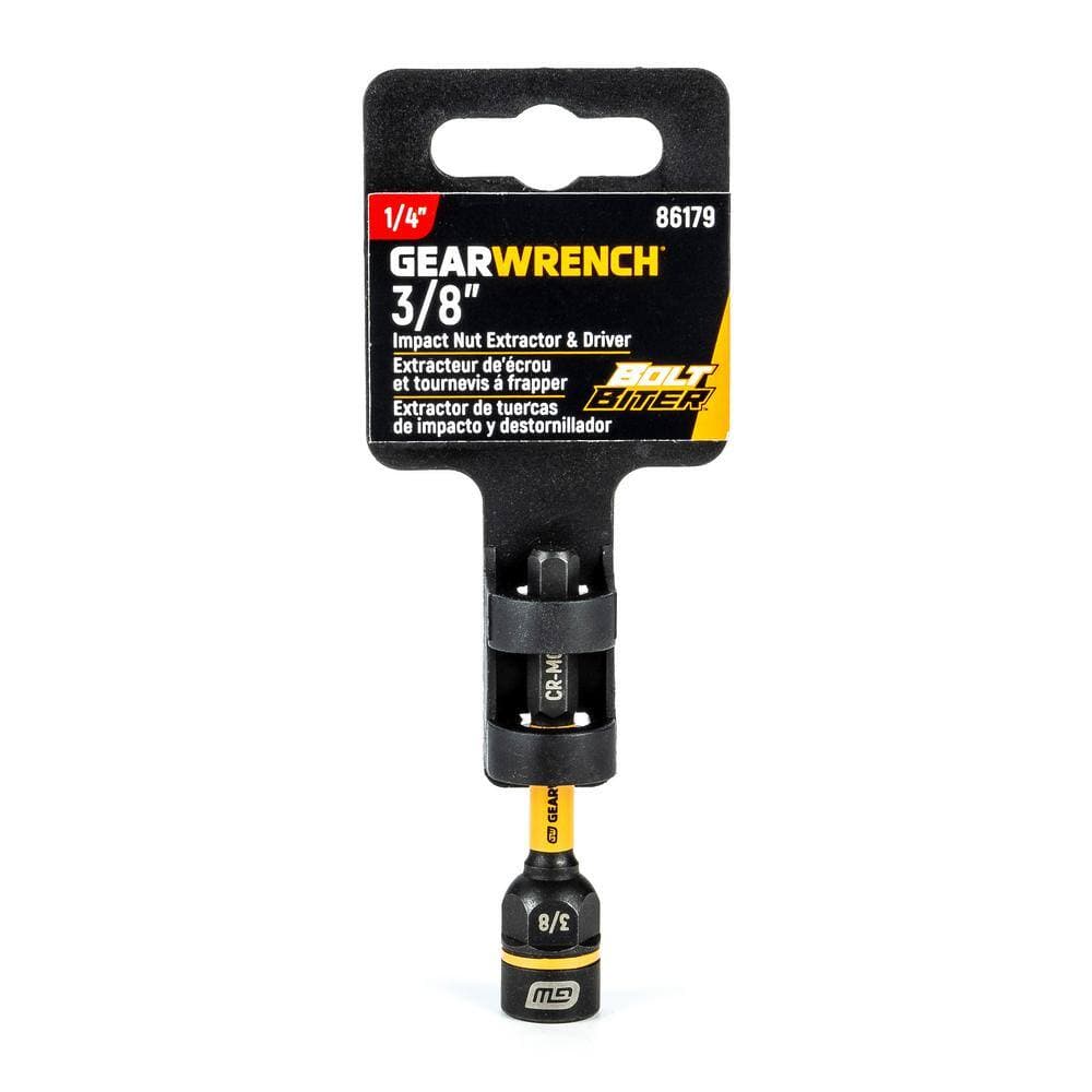 The GEARWRENCH 86179 3/8-inch nut extractor in its original retail hang-tag packaging. The packaging highlights the Bolt Biter branding and specifies that the tool is an impact-ready nut extractor and driver designed for 1/4-inch hex shank power tools.