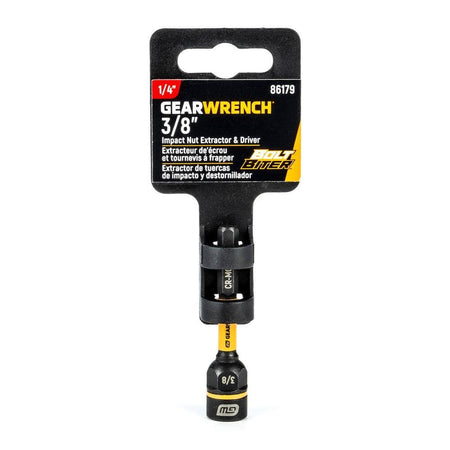 The GEARWRENCH 86179 3/8-inch nut extractor in its original retail hang-tag packaging. The packaging highlights the Bolt Biter branding and specifies that the tool is an impact-ready nut extractor and driver designed for 1/4-inch hex shank power tools.