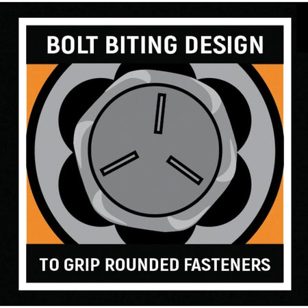 An illustrative graphic showing the Bolt Biting Design. The top-down view demonstrates how the internal flutes of the GEARWRENCH extractor specifically grip the flat surfaces of rounded fasteners to provide maximum torque without slipping.