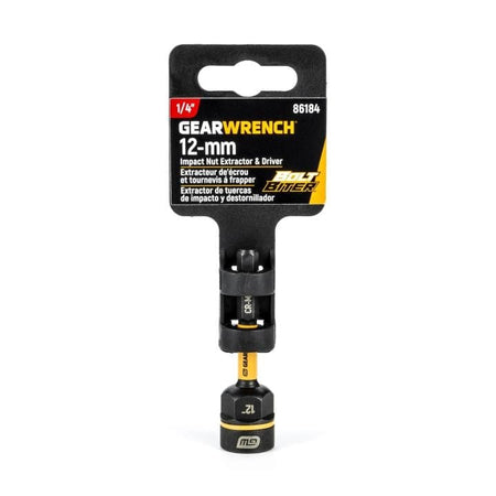 The GEARWRENCH 86184 12mm Bolt Biter nut extractor and driver in its black retail hang-tab packaging.