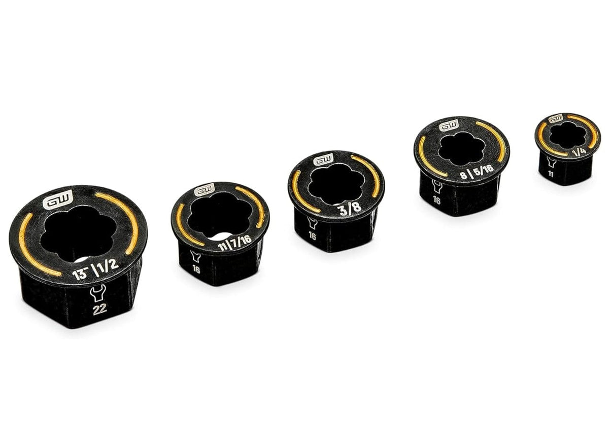 A studio shot of the GEARWRENCH 86190 Bolt Biter 5-piece SAE wrench insert set featuring low-profile extraction tools in sizes ranging from 1/4 inch to 1/2 inch, designed for the removal of damaged and rounded fasteners.