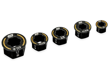 A studio shot of the GEARWRENCH 86190 Bolt Biter 5-piece SAE wrench insert set featuring low-profile extraction tools in sizes ranging from 1/4 inch to 1/2 inch, designed for the removal of damaged and rounded fasteners.