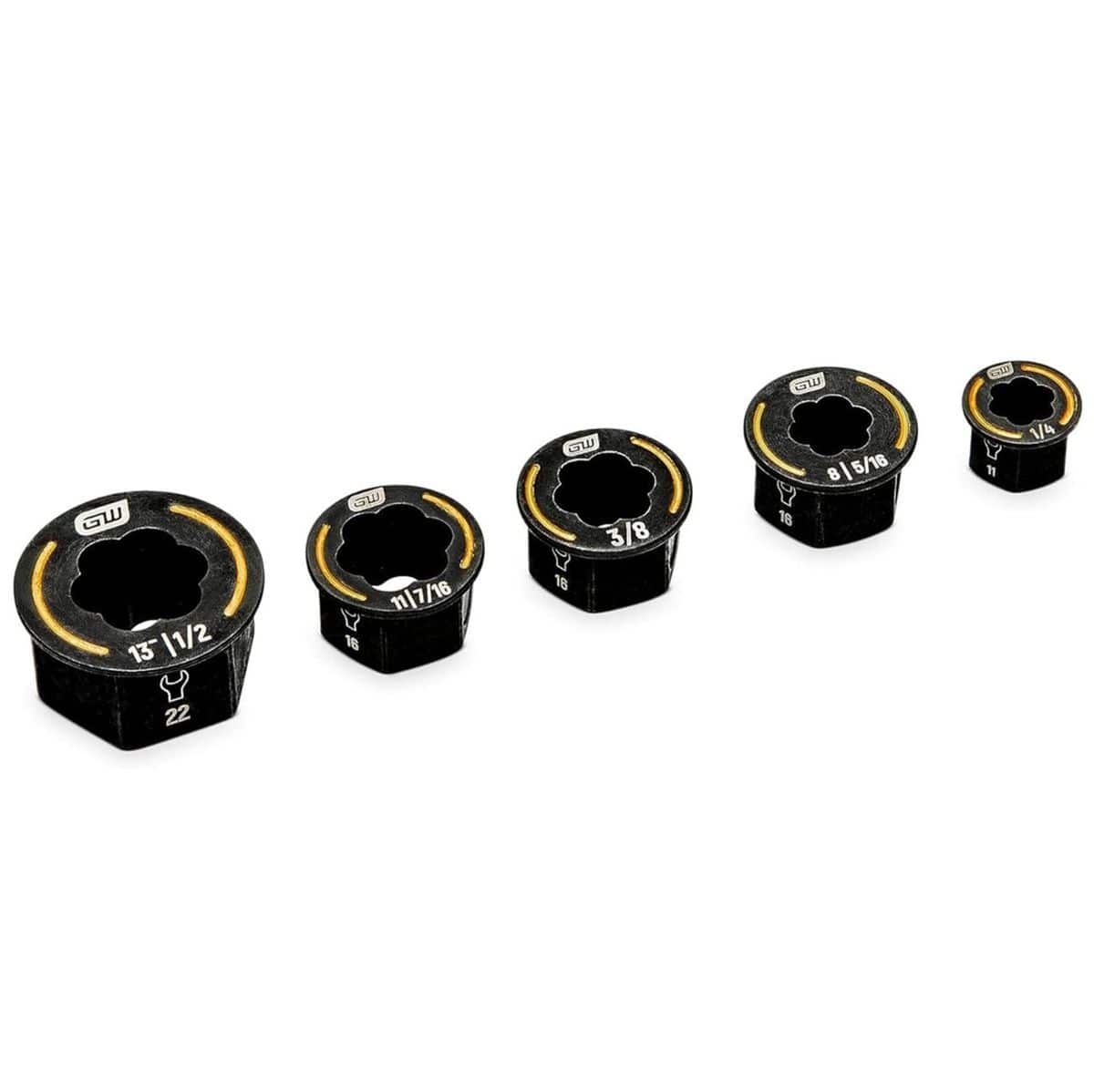 A studio shot of the GEARWRENCH 86190 Bolt Biter 5-piece SAE wrench insert set featuring low-profile extraction tools in sizes ranging from 1/4 inch to 1/2 inch, designed for the removal of damaged and rounded fasteners.