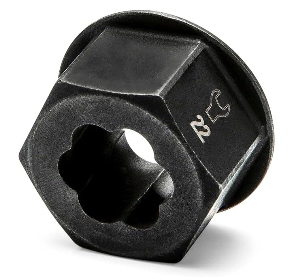 The reverse side of a Bolt Biter wrench insert showing the hex base design, compatible with standard 6-point, 12-point, and spline wrenches for high-torque mechanical applications.