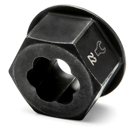 The reverse side of a Bolt Biter wrench insert showing the hex base design, compatible with standard 6-point, 12-point, and spline wrenches for high-torque mechanical applications.